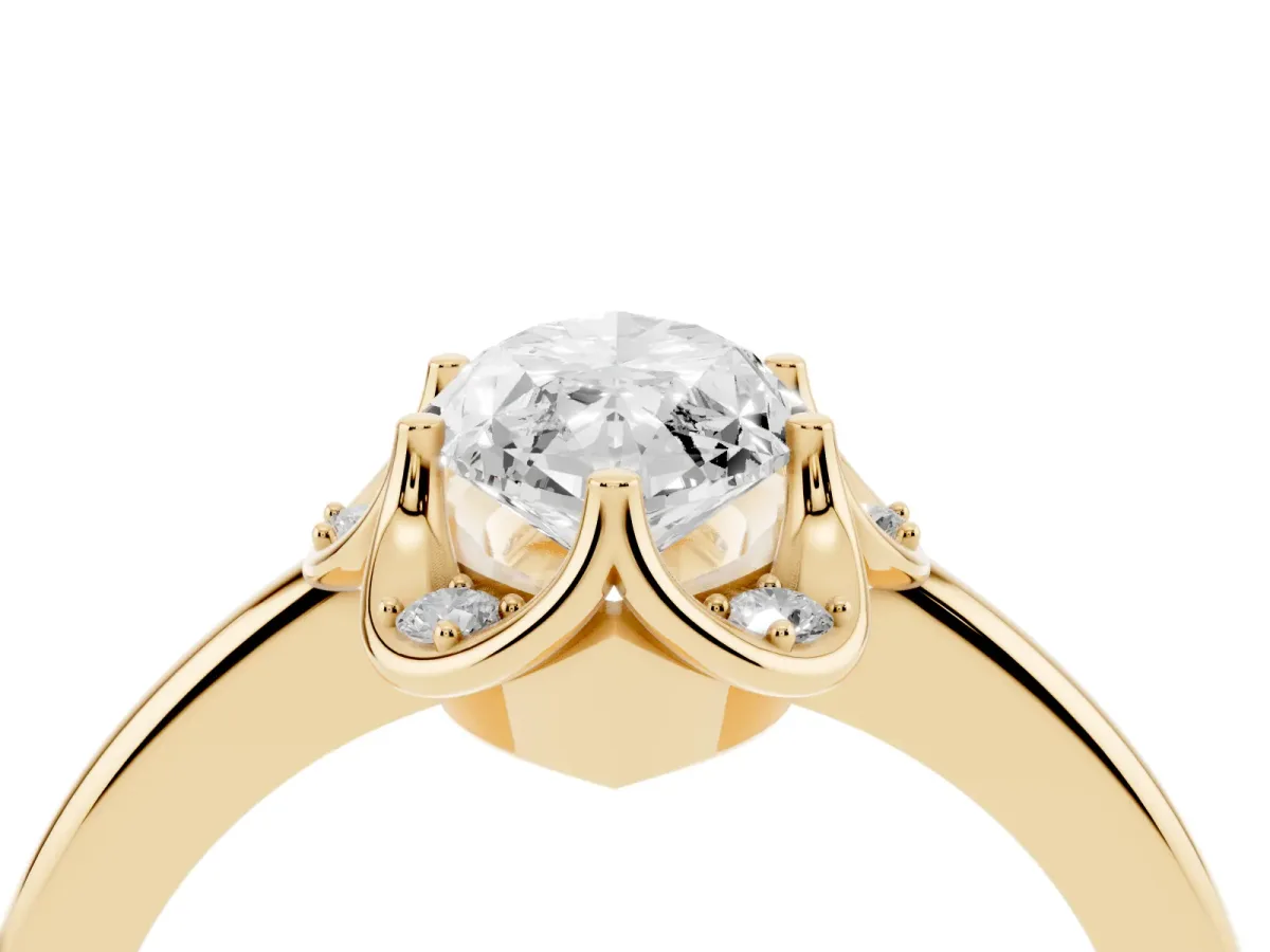 Marquise Cut Halo Diamond Ring with Round Cluster Setting, Solitaire Band, and Four-Prong Setting Yellow gold