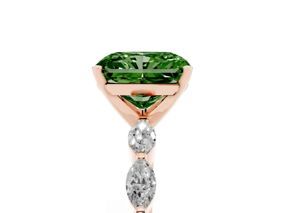 Fancy Green Radiant Cut Diamond Ring with Marquise Side Stones and Prong Setting Rose gold