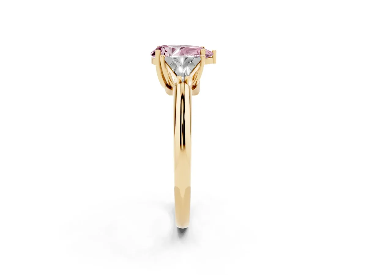 Fancy Pink Three-Stone Pear Cut Diamond Engagement Ring with Trillion Side Stones and Prong Setting Yellow gold