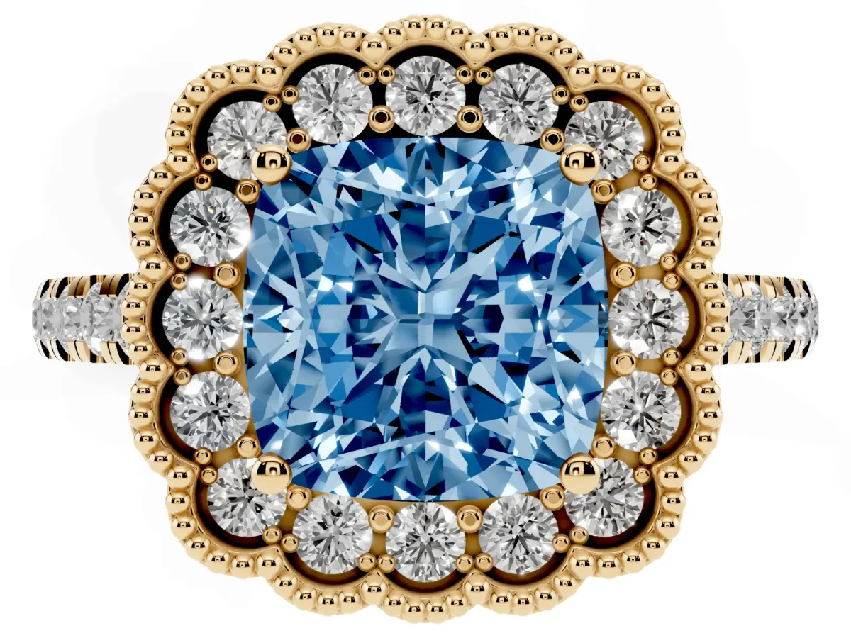 Fancy Blue Cushion Cut Cut Diamond Milgrain Floral Halo Engagement Ring with Pavé Band Yellow gold