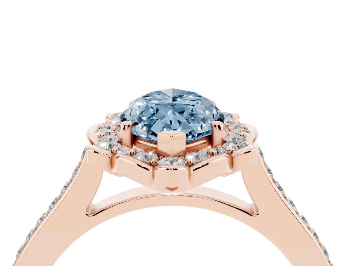 Fancy Blue Marquise Cut Halo Round Diamond Pave Band with Four-Prong Setting Rose gold