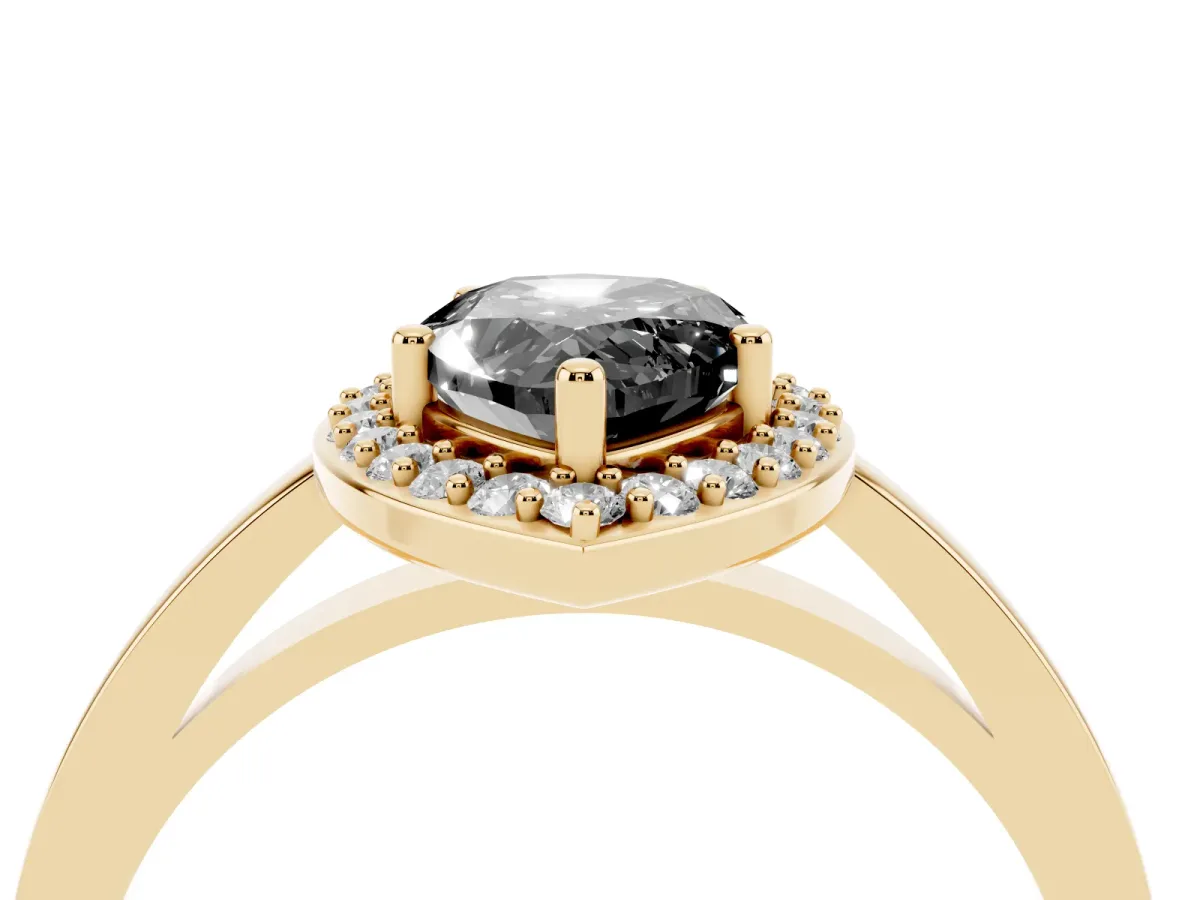 Fancy Black Pear Cut Halo Diamond Ring with Solitaire Band and Prong Setting Yellow gold
