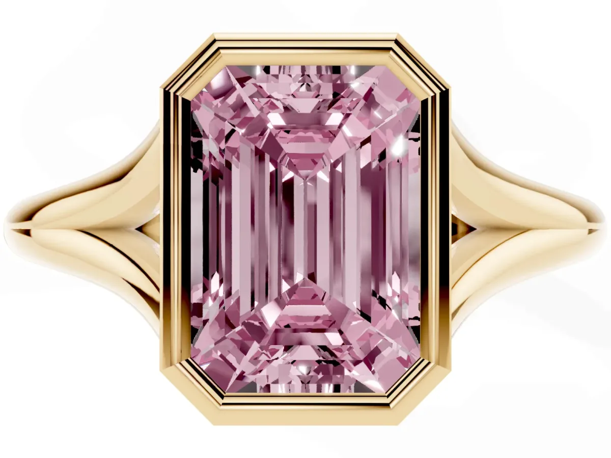 Fancy Pink Bezel Set Emerald Cut Cut Solitaire Ring with Tapered Band Yellow gold