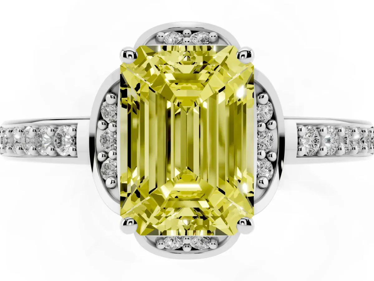Fancy Yellow Emerald Cut Cut Halo Diamond Ring with Channel Set Band and Four-Prong Setting White gold