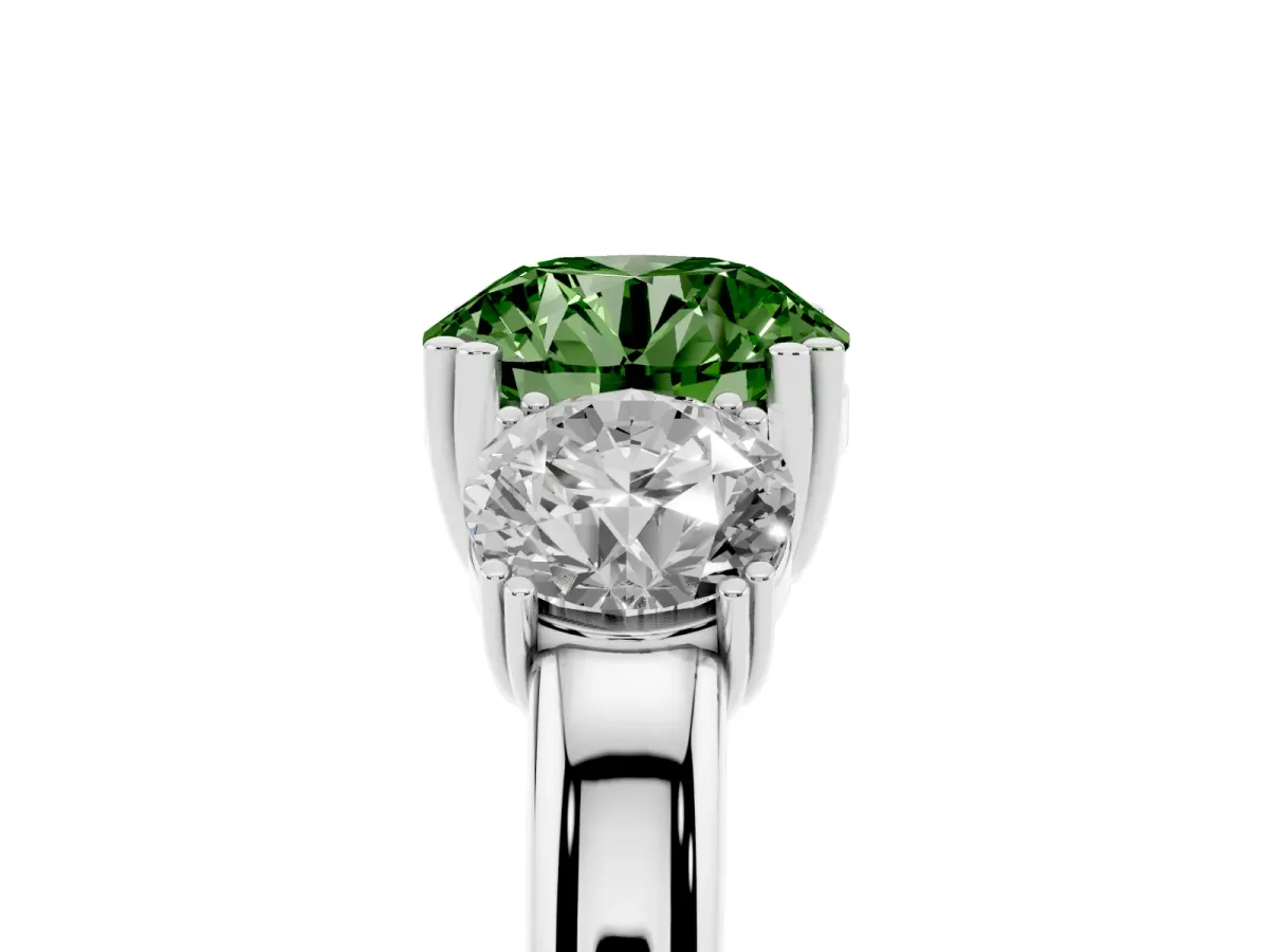 Fancy Green Three-Stone Round Cut Cut Diamond Ring with Channel Set Band and Four-Prong Setting Silver