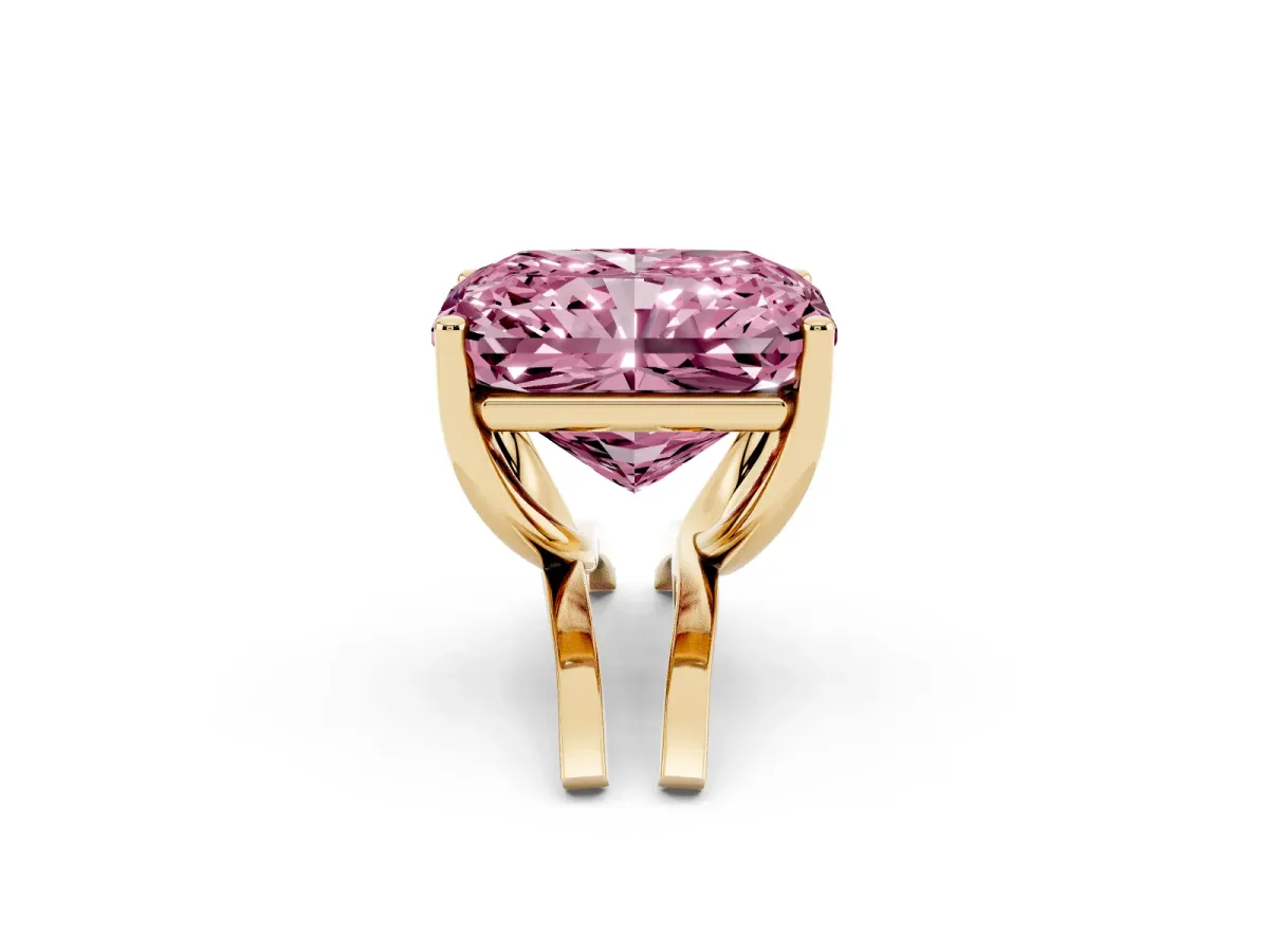 Fancy Pink Radiant Cut Cut Diamond Solitaire Engagement Ring with Tapered Plain Band and Four-Prong Setting Yellow gold