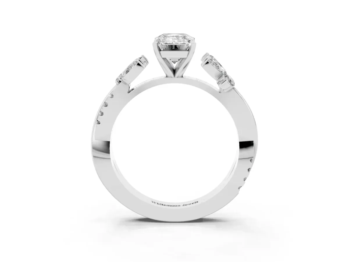Emerald Cut Diamond Floral Vine Solitaire Engagement Ring Silver