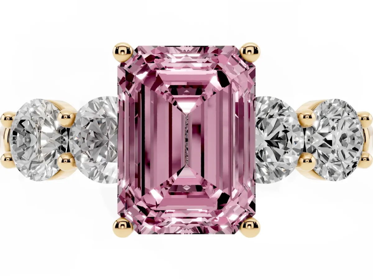 Fancy Pink Emerald Cut Cut Five-Stone Prong Set Diamond Ring with Classic Band Yellow gold