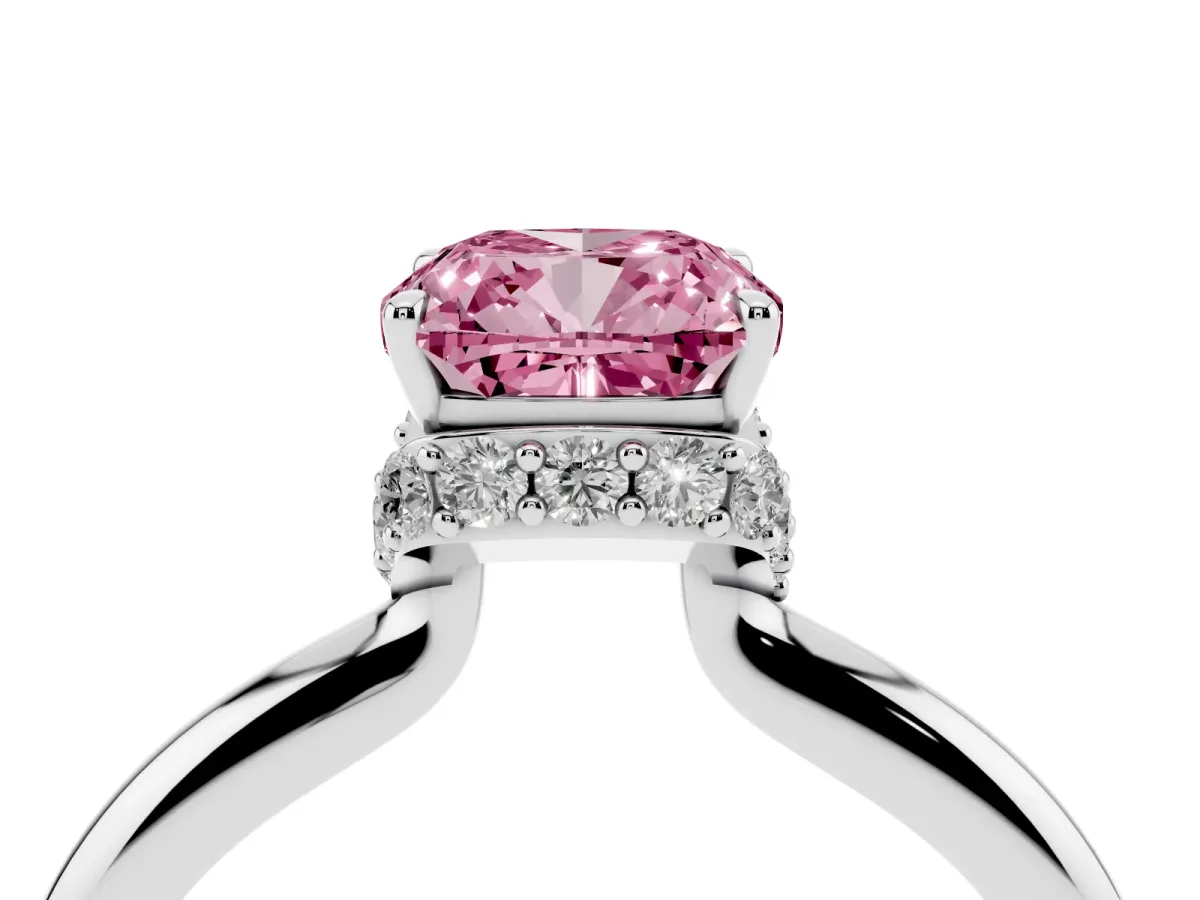 Fancy Pink Cushion Cut Brilliant Solitaire Engagement Ring with Six-Prong Setting and Classic Band Silver