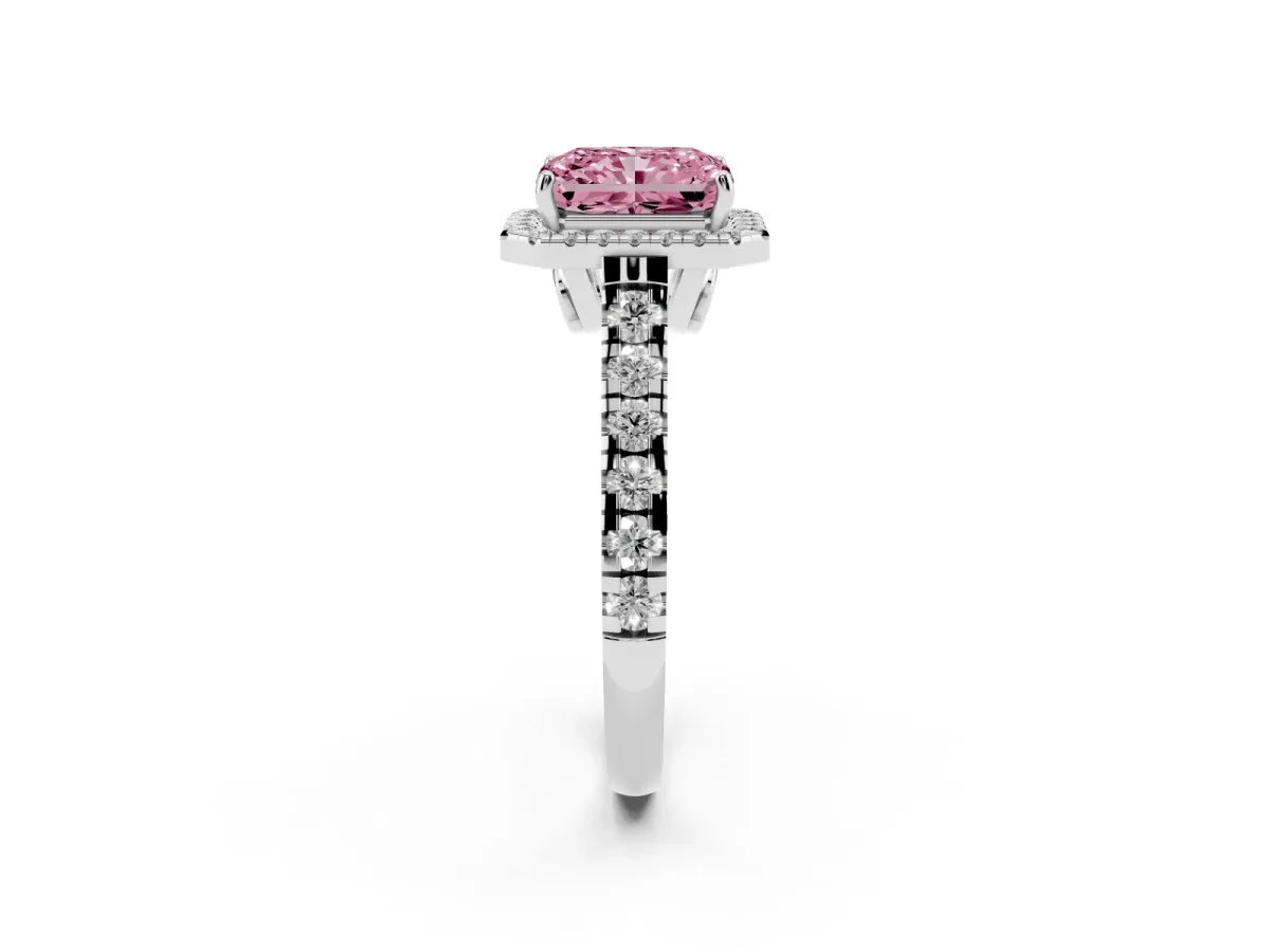 Fancy Pink Radiant Cut Halo Pavé Diamond Engagement Ring with Four-Prong Setting Silver