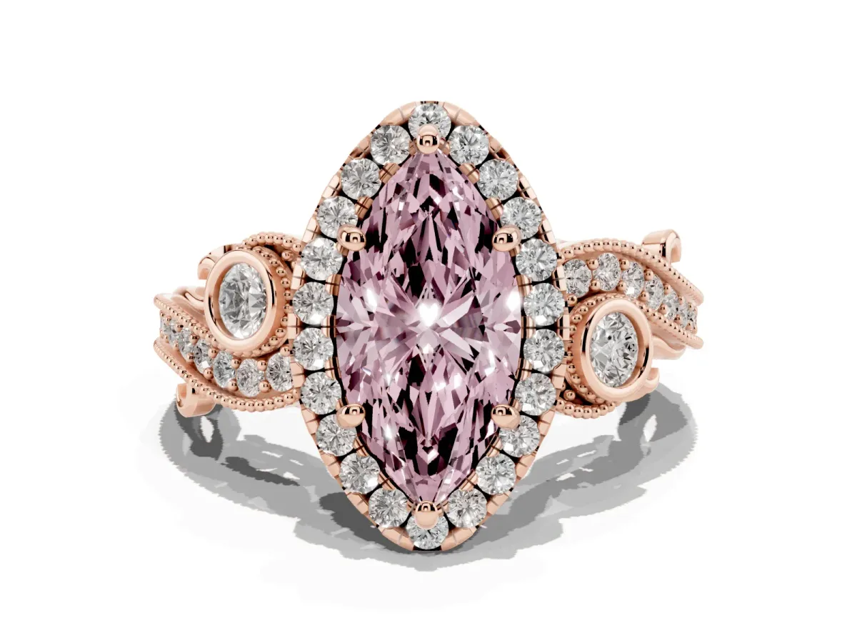 Fancy Pink Marquise Cut Halo Diamond Ring with Milgrain and Bezel Accents on a Split Shank Band Rose gold