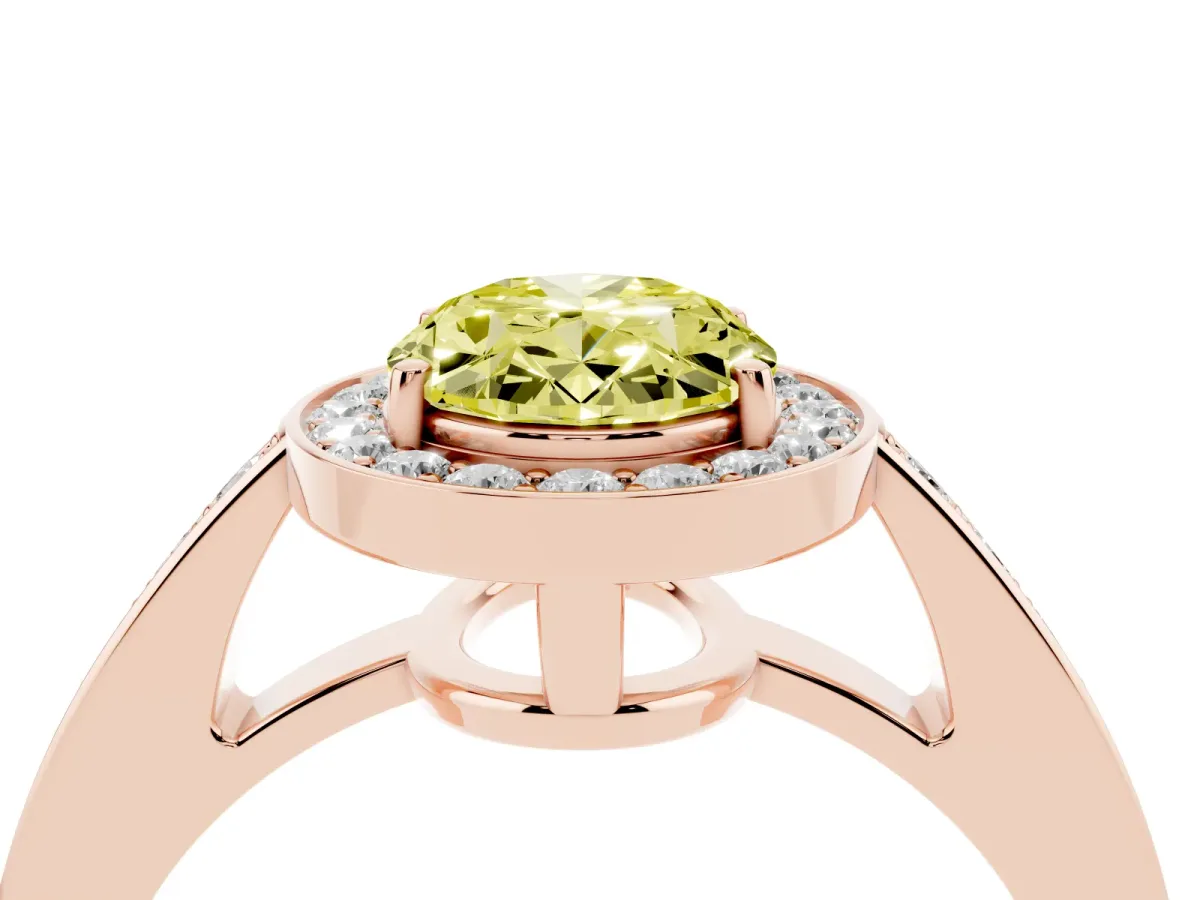 Fancy Yellow Oval Cut Halo Pavé Diamond Engagement Ring with Bezel Setting Rose gold