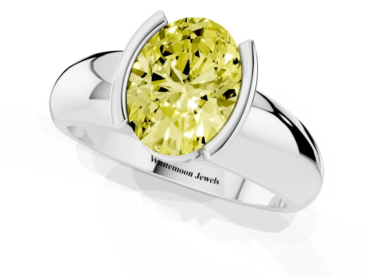 Fancy Yellow Oval Cut Solitaire Tension Set Diamond Ring with Wide Band Platinum