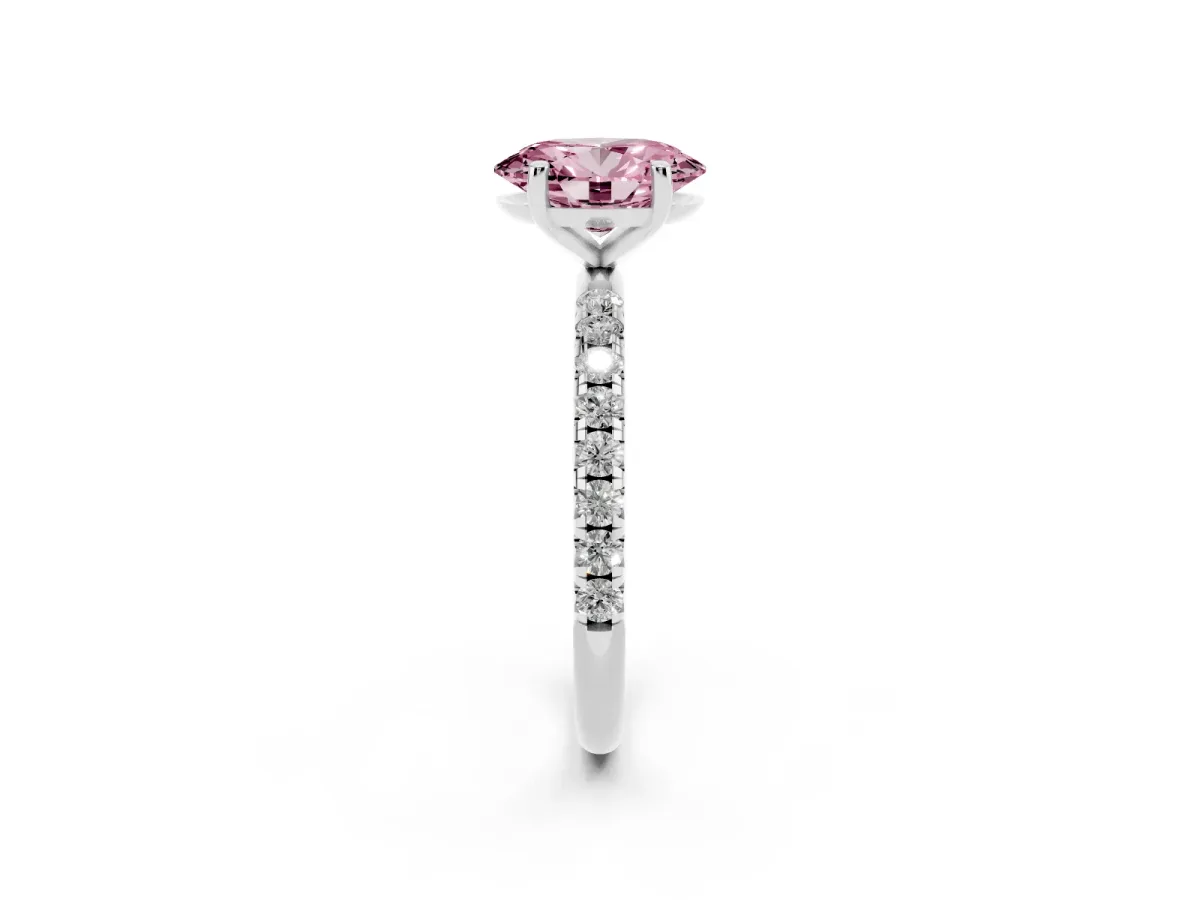 Fancy Pink Oval Cut Cut Diamond Solitaire Ring with Micro Pave Band and Four Prong Setting Silver