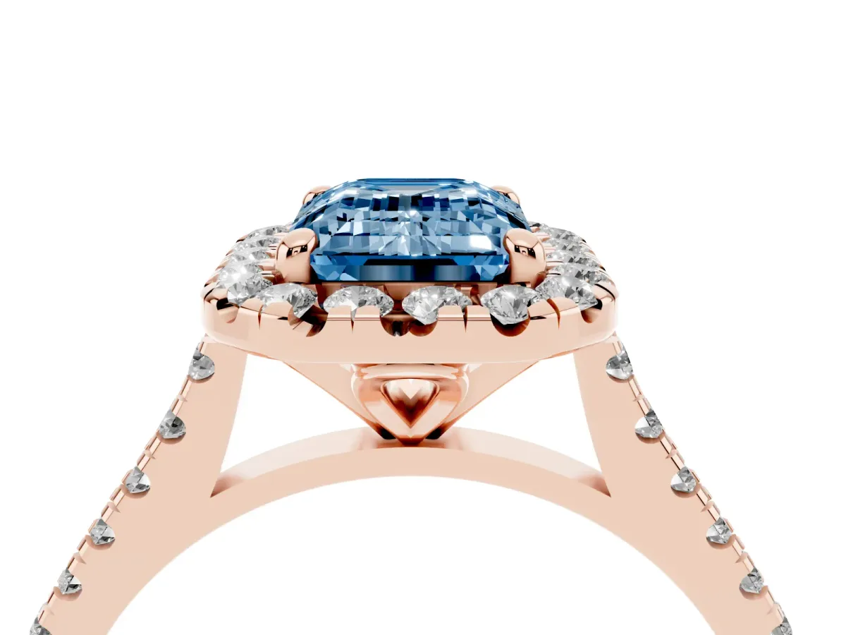 Fancy Blue Emerald Cut Diamond Cushion Halo Ring with Pavé Band Rose gold