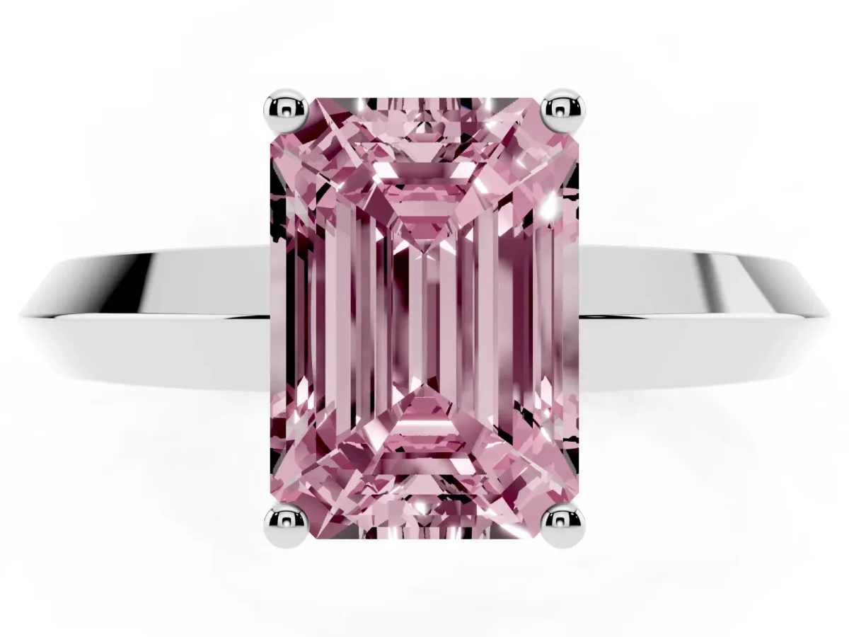 Fancy Pink Emerald Cut Cut Solitaire Engagement Ring with Flat Band and Four-Prong Setting Platinum