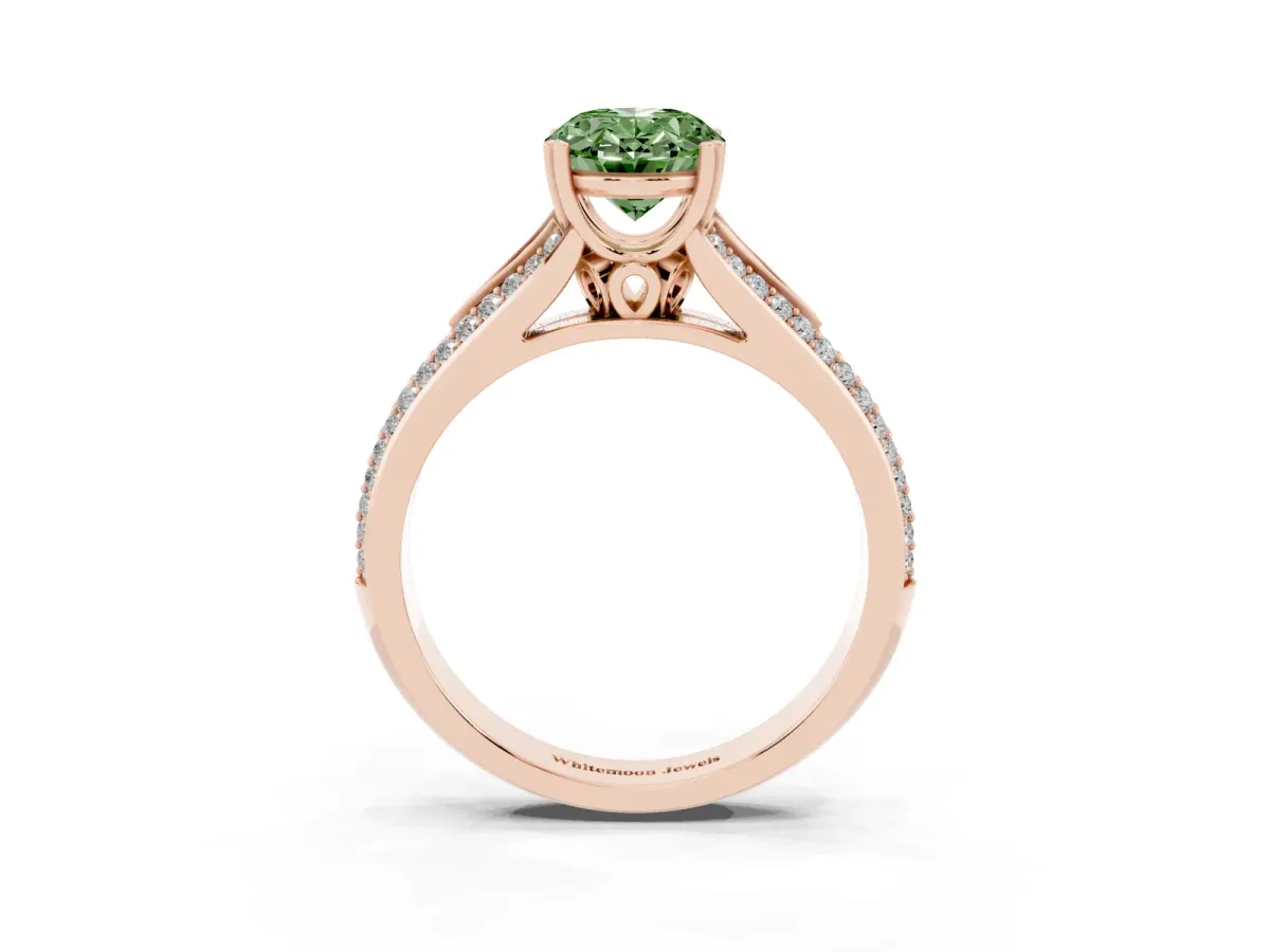 Fancy Green Oval Cut Diamond Split Shank Engagement Ring with Pavé Band Rose gold