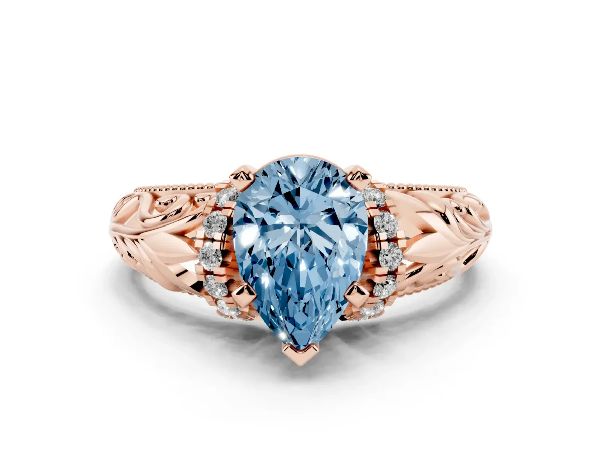 Fancy Blue Pear Cut Solitaire Filigree Engagement Ring with Halo and Prong Setting Rose gold