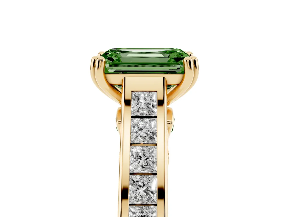 Fancy Green Emerald Cut Cut Channel Set Solitaire Engagement Ring with Prong Setting Yellow gold