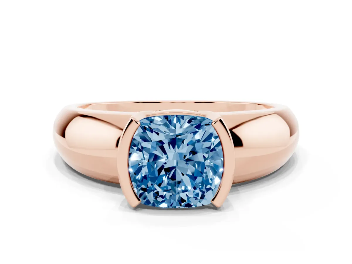 Fancy Blue Cushion Cut Solitaire Tension Set Diamond Ring with Wide Band Rose gold