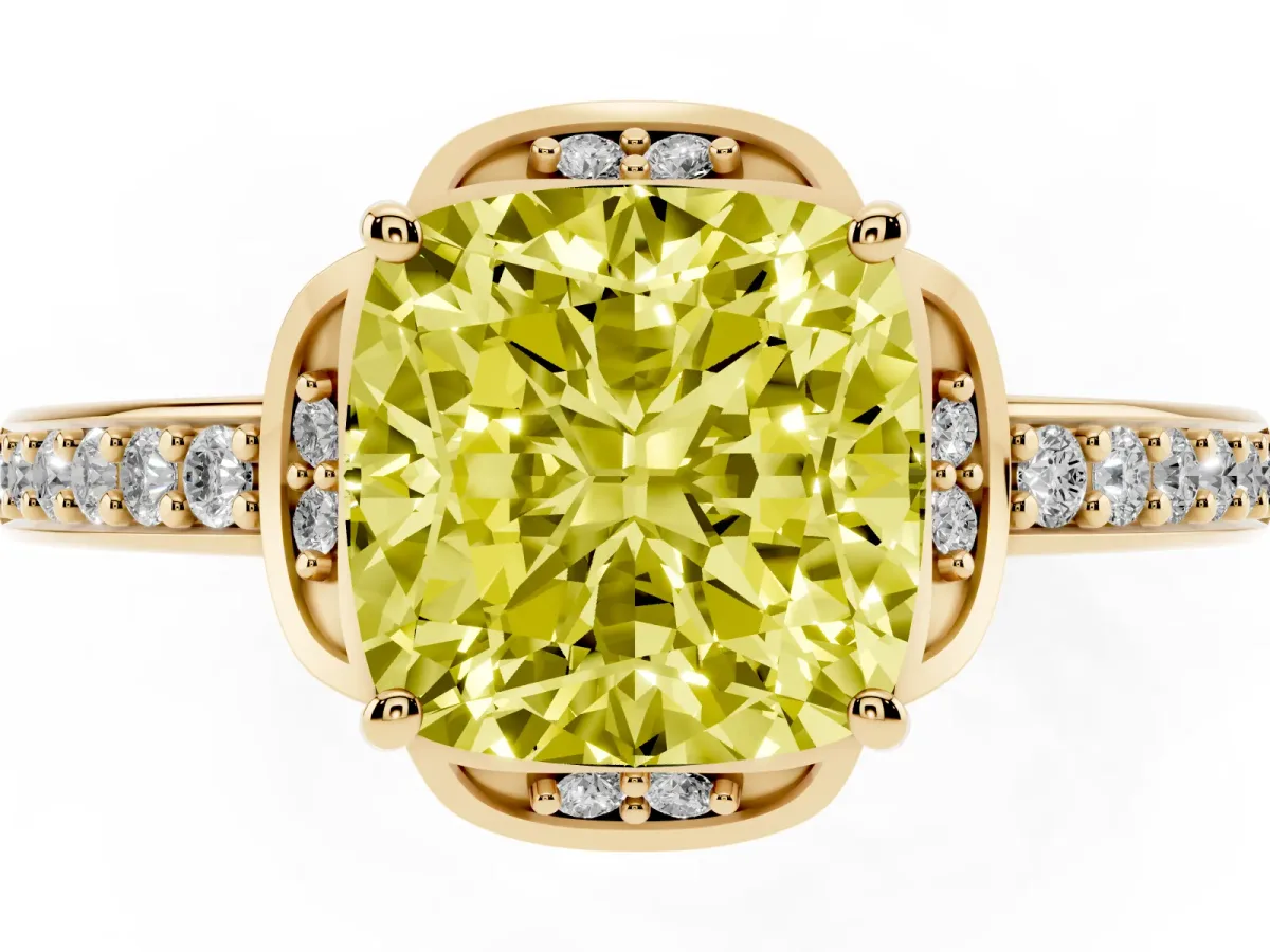 Fancy Yellow Cushion Cut Cut Halo Diamond Ring with Channel Set Band and Four-Prong Setting Yellow gold