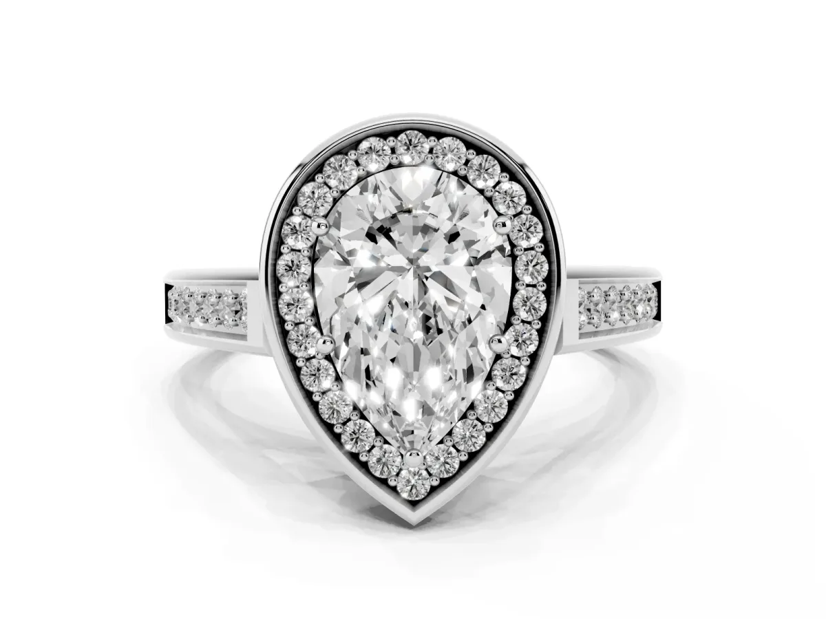 Pear Cut Halo Solitaire Diamond Ring with Pave Band and Bezel Setting Silver