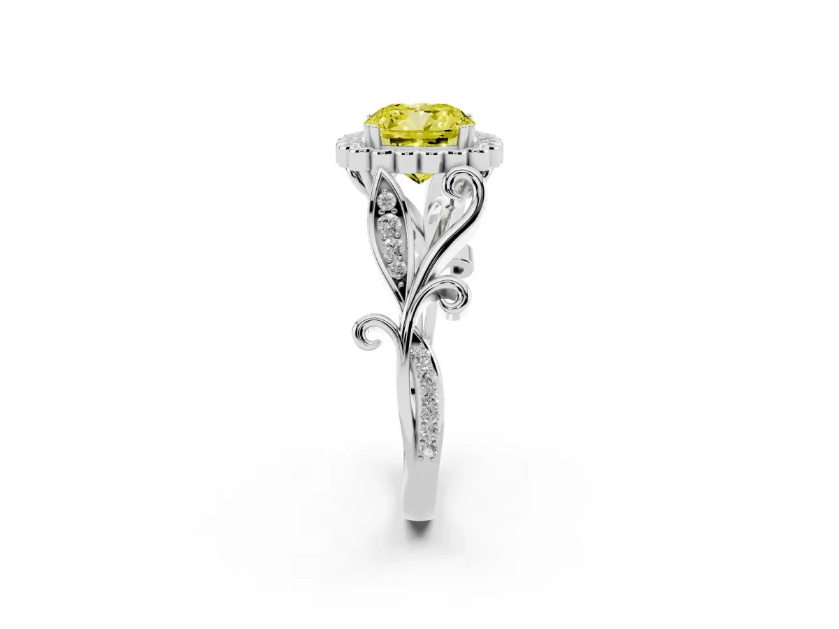 Fancy Yellow Cushion Cut Diamond Halo Ring with Vintage Split Shank and Four-Prong Setting Platinum