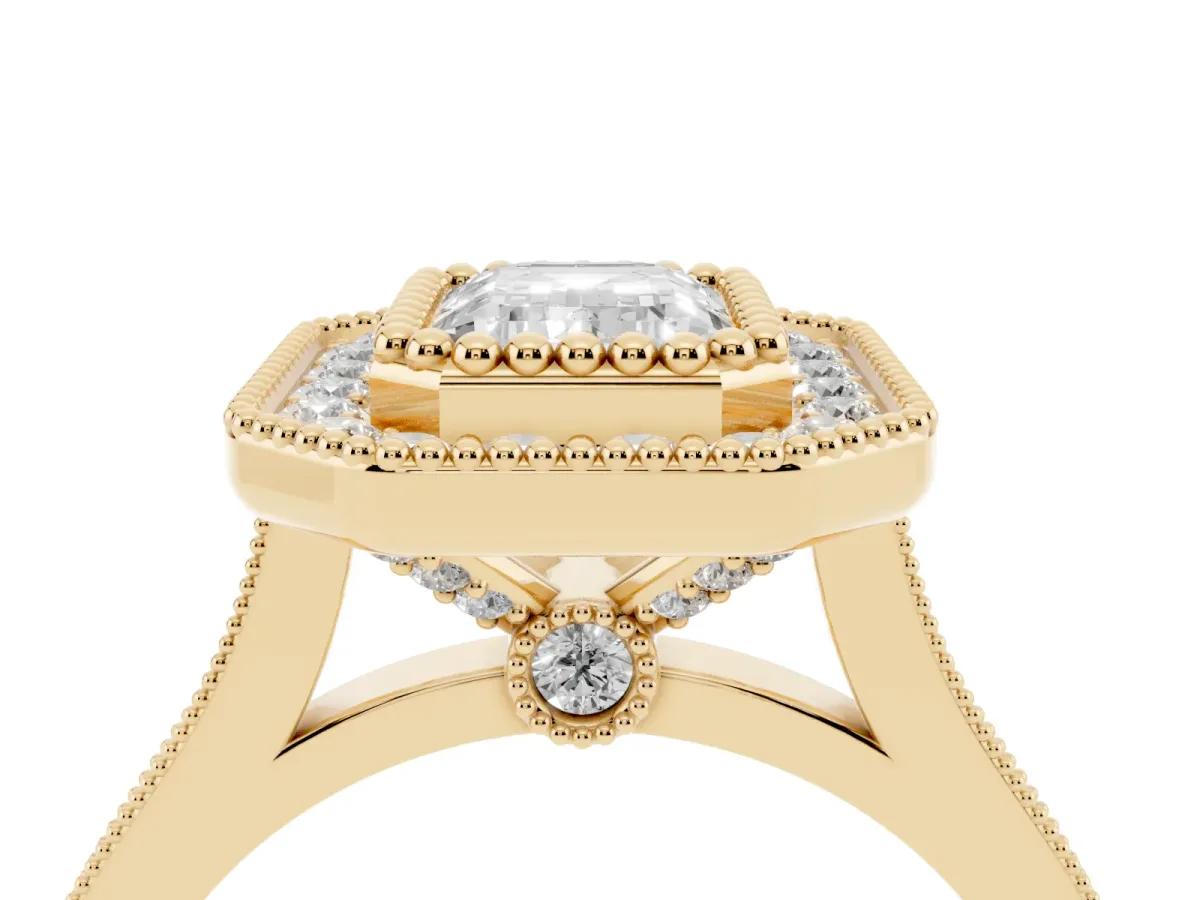 Emerald Cut Diamond Halo Ring with Milgrain Frame and Pavé Band Yellow gold