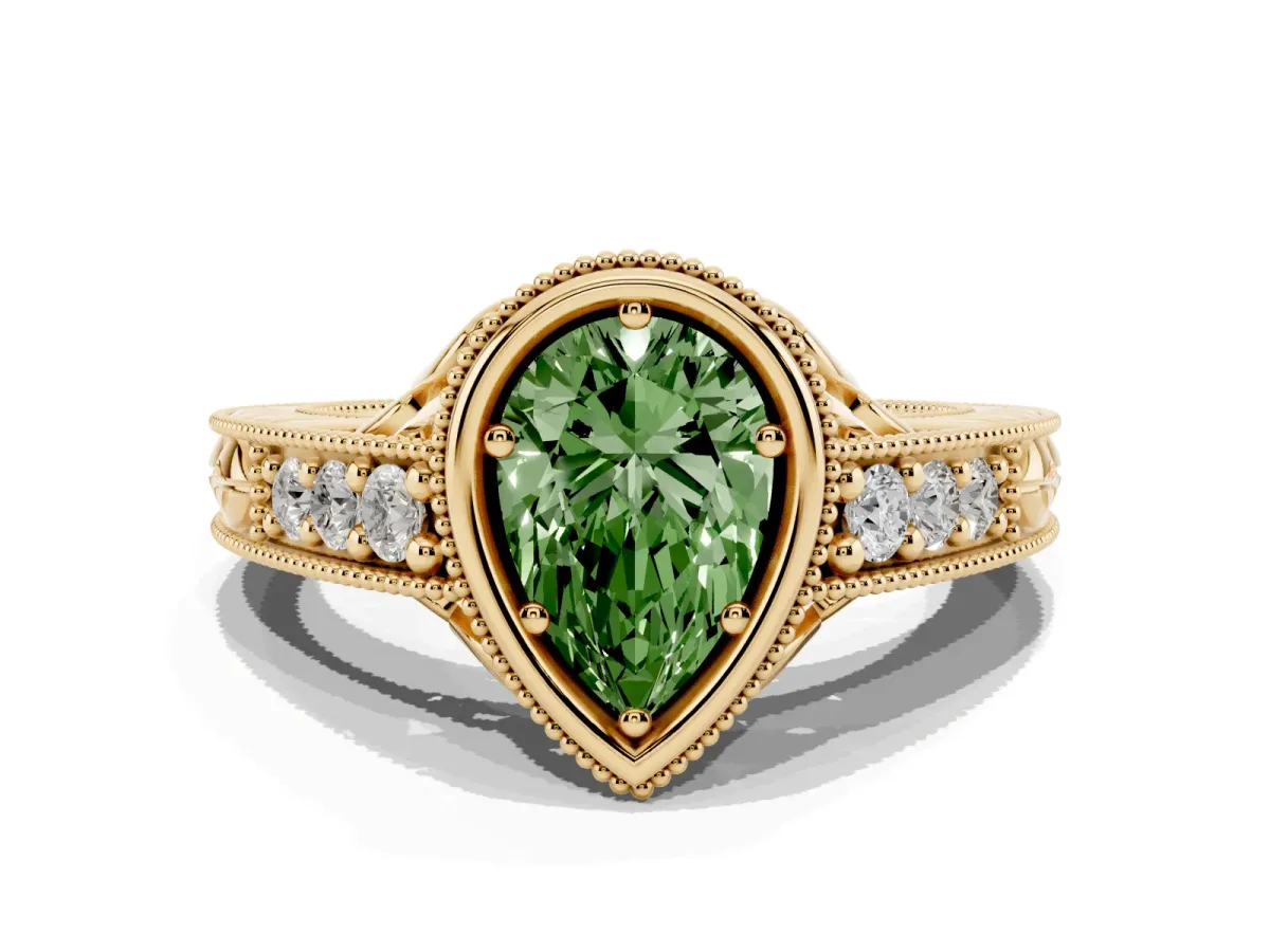 Fancy Green Bezel Set Pear Cut Diamond Milgrain Pave Engagement Ring Yellow gold