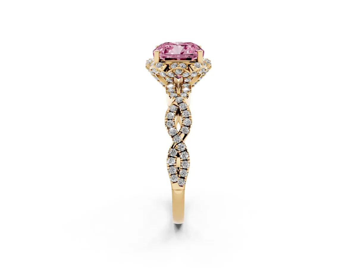 Fancy Pink Cushion Cut Halo Twist Band Solitaire Ring with Six-Prong Setting Yellow gold