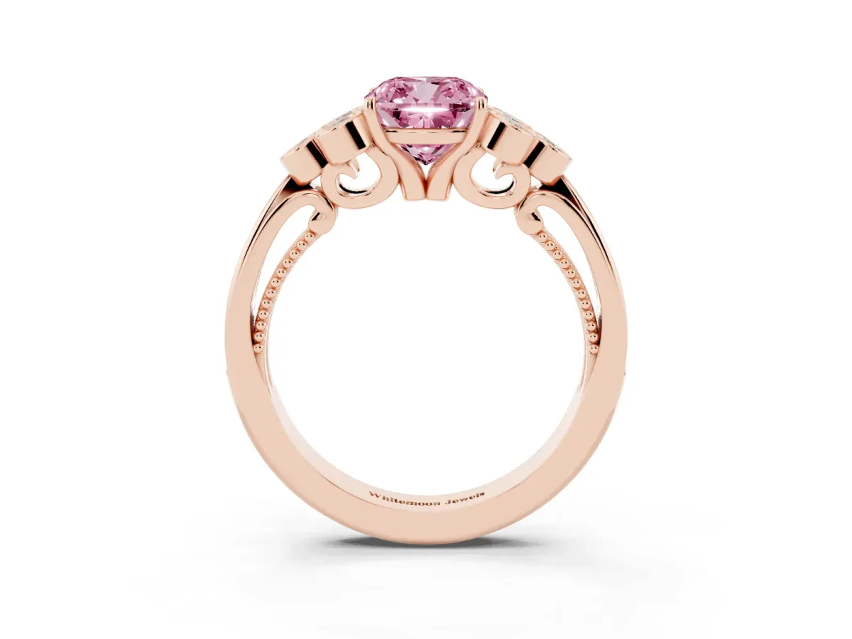 Fancy Pink Cushion Cut Cut Diamond Engagement Ring with Bezel Set Round Side Stones and Prong Setting Rose gold