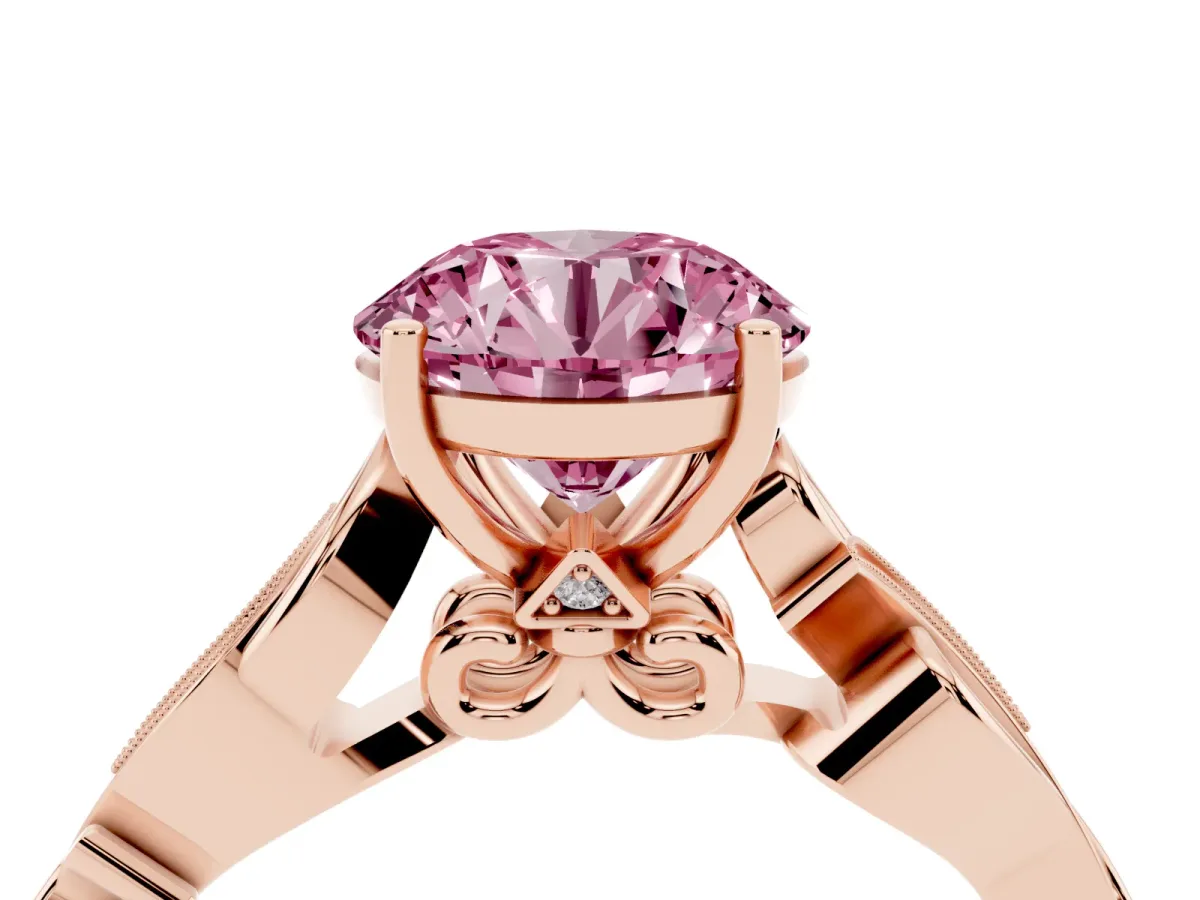 Fancy Pink Round Cut Solitaire Vine Band with Milgrain Prong Setting Rose gold