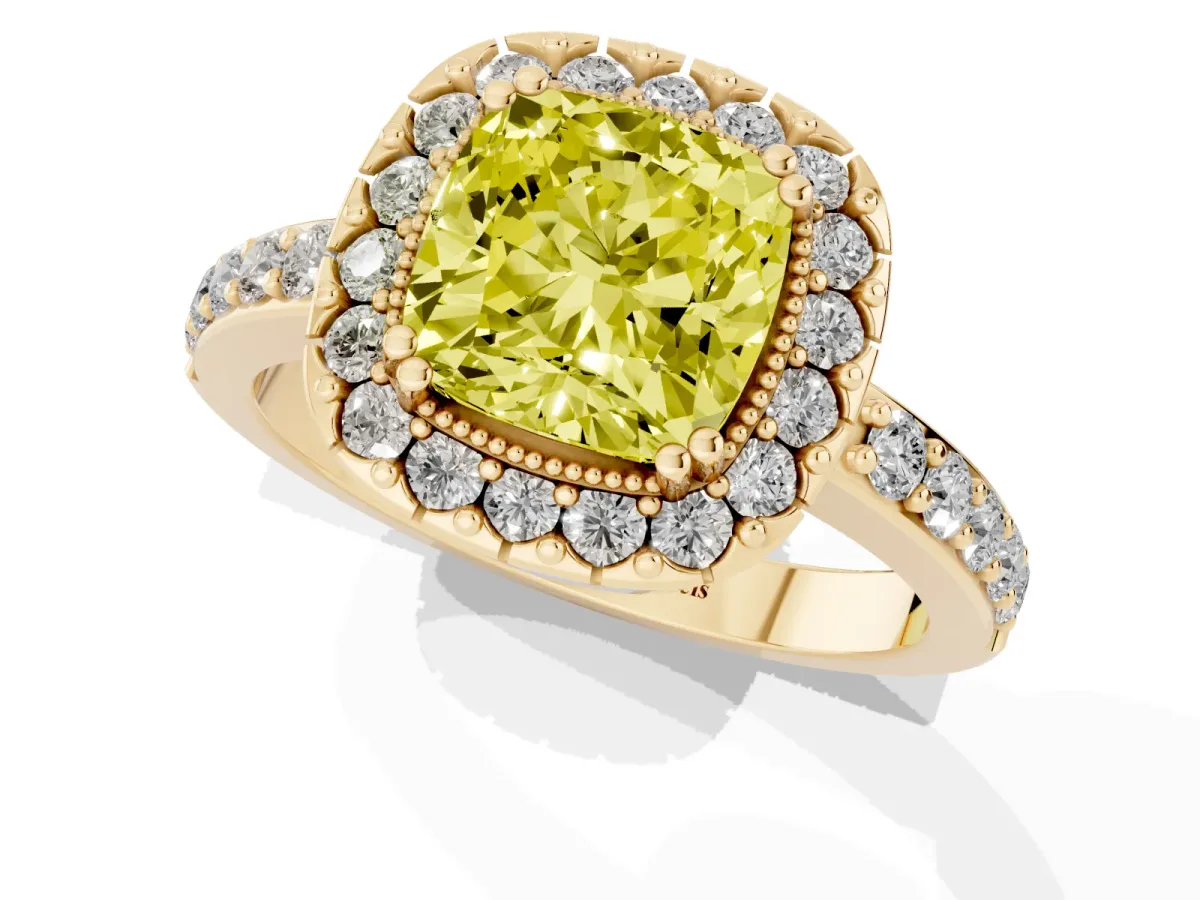 Fancy Yellow Cushion Cut Diamond Halo Ring with Pavé Band and Prong Setting Yellow gold