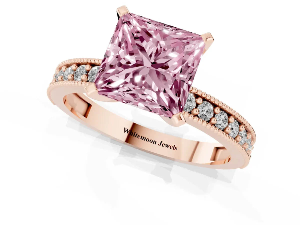 Fancy Pink Princess Cut Diamond Milgrain Pavé Engagement Ring with Four-Prong Setting Rose gold
