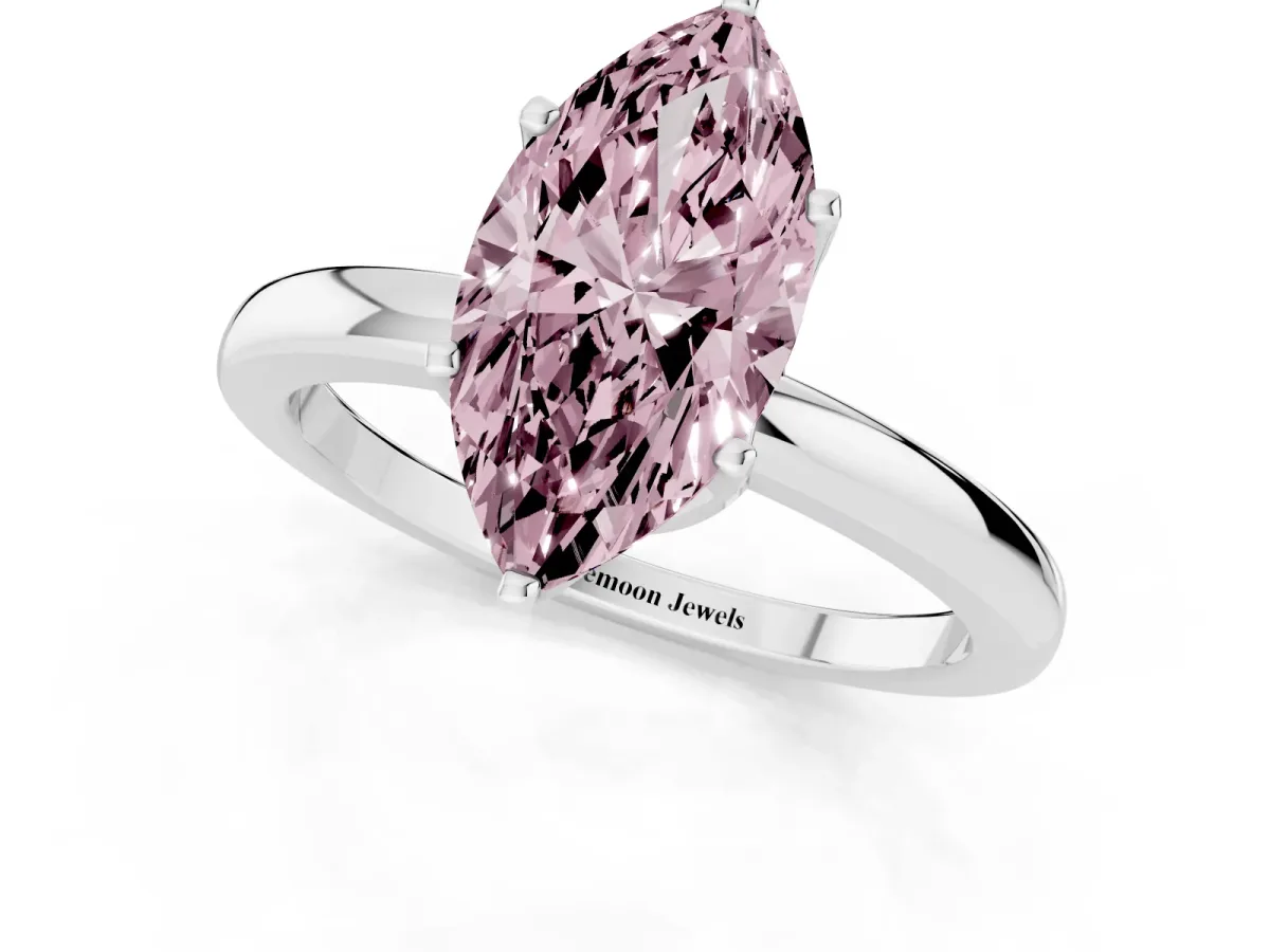 Fancy Pink Marquise Cut Solitaire Diamond Ring with Six-Prong Setting on a Classic Band Silver