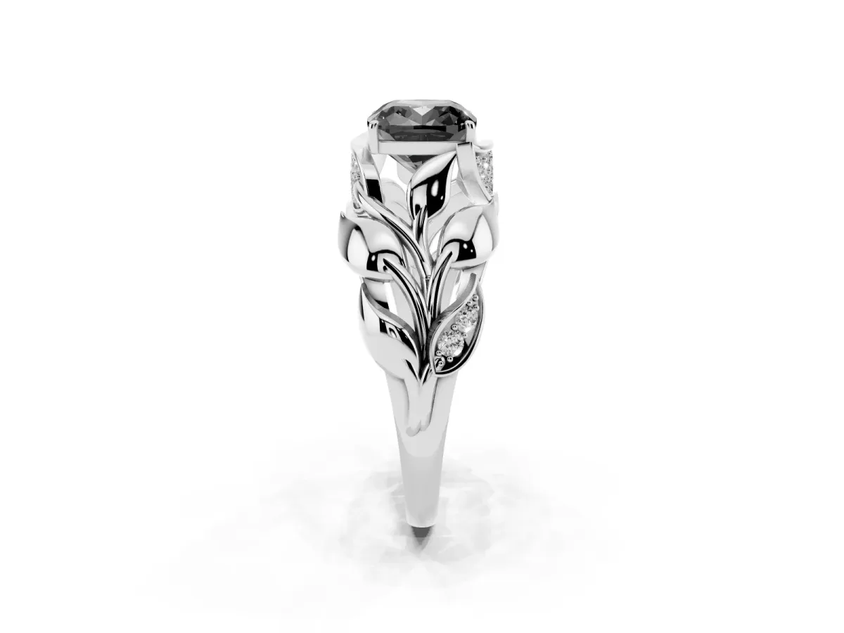 Fancy Black Cushion Cut Diamond Leaf-Inspired Engagement Ring with Round Accents and Prong Setting White gold