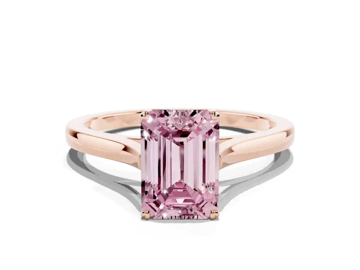 Fancy Pink Emerald Cut Solitaire Heart Prong Engagement Ring with Tapered Band Rose gold