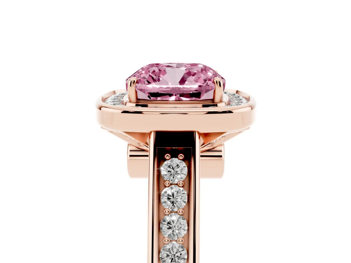 Fancy Pink Cushion Cut Halo Solitaire Diamond Ring with Pave Band and Bezel Setting Rose gold