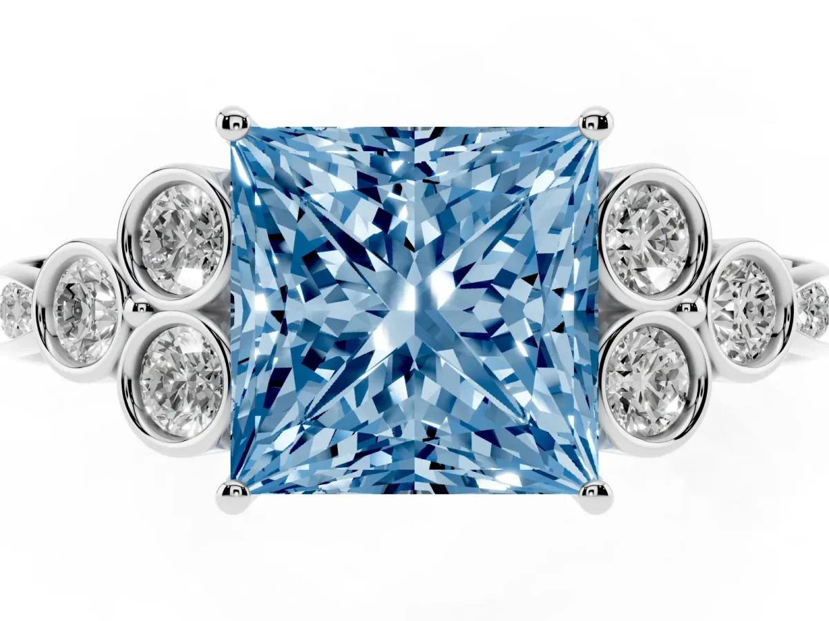 Fancy Blue Princess Cut Cut Diamond Engagement Ring with Bezel Set Round Side Stones and Prong Setting White gold