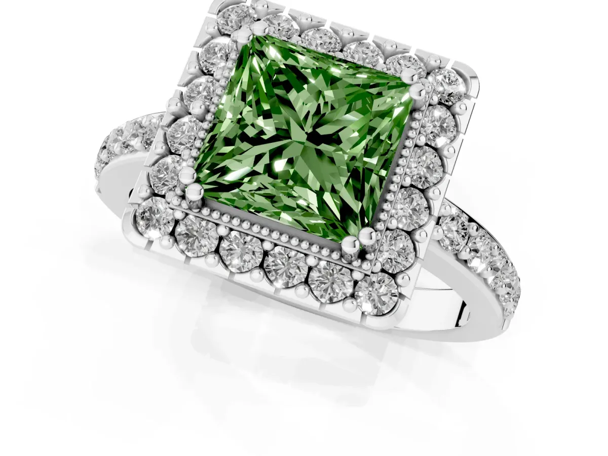 Fancy Green Princess Cut Diamond Halo Ring with Pavé Band and Prong Setting White gold