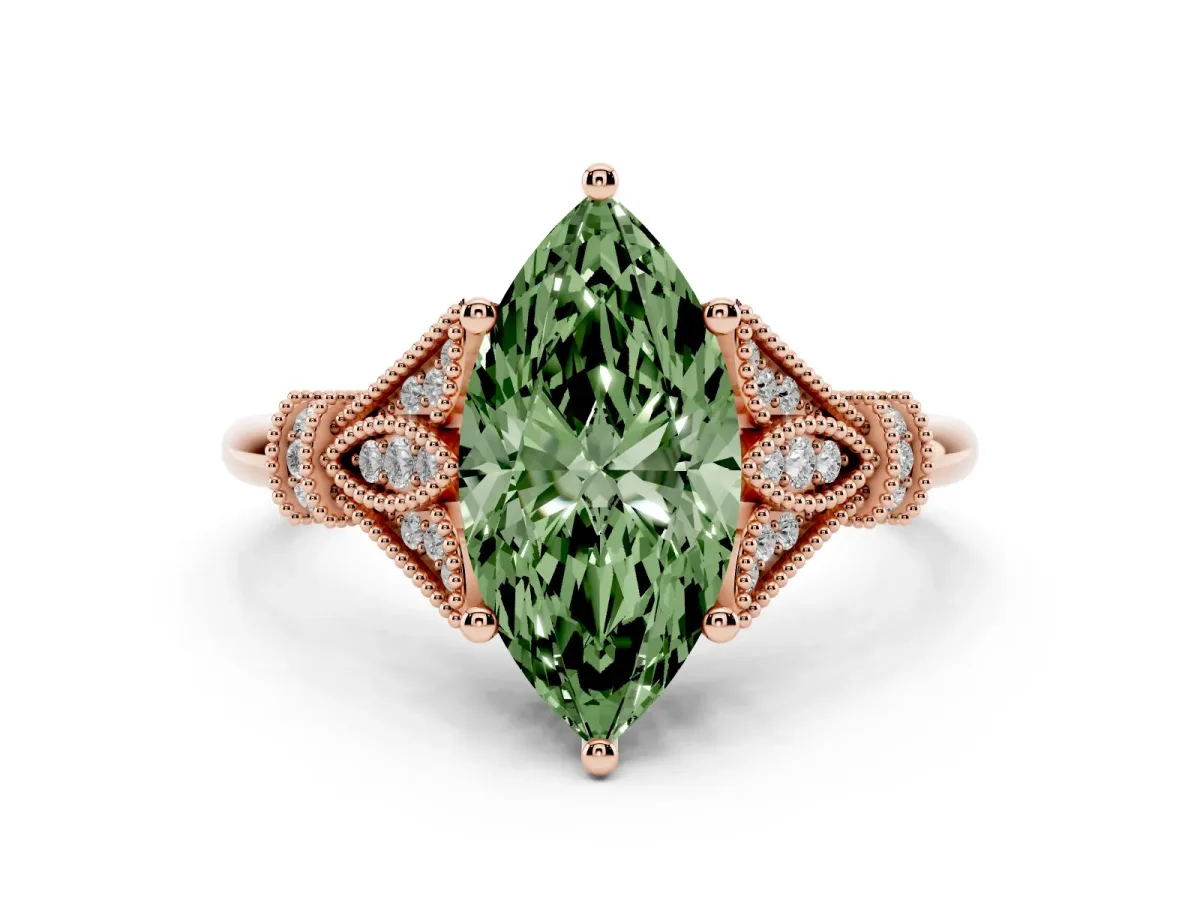 Fancy Green Marquise Cut Diamond Solitaire Ring with Floral Filigree and Pave Accents Rose gold