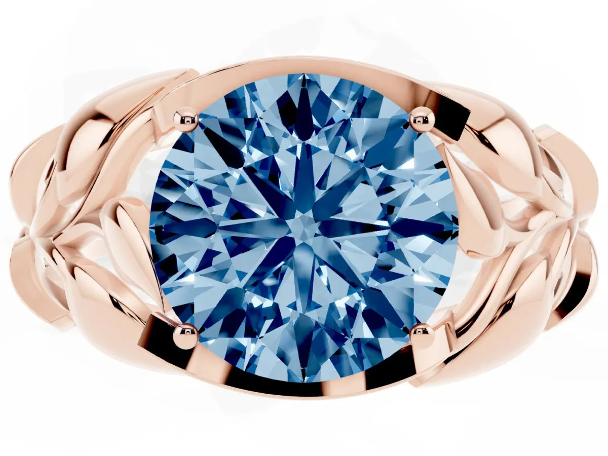 Fancy Blue Round Cut Diamond Leaf-Inspired Engagement Ring with Round Accents and Prong Setting Rose gold