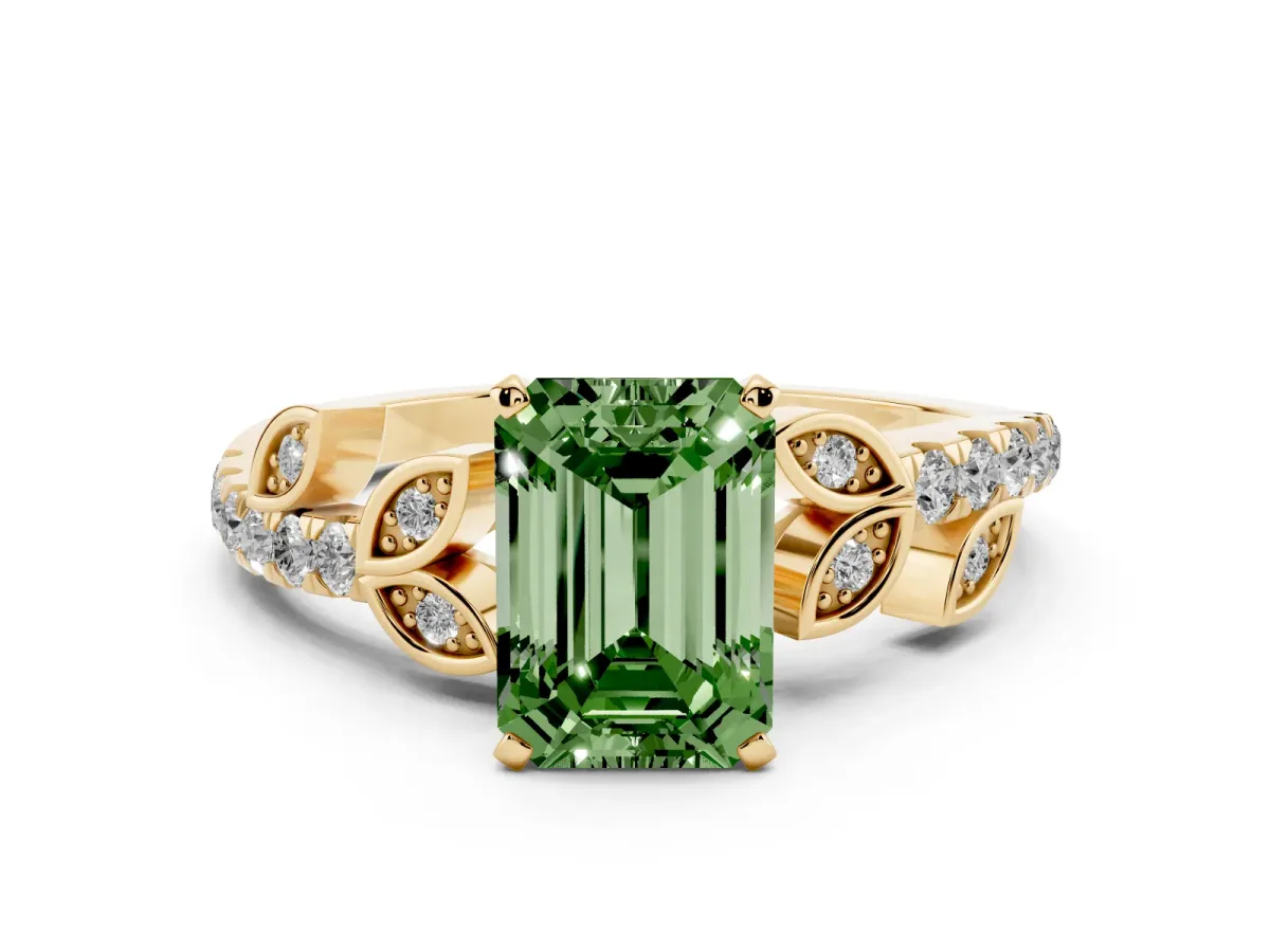 Fancy Green Emerald Cut Solitaire Leaf-Inspired Diamond Ring with Pavé Band and Four-Prong Setting Yellow gold