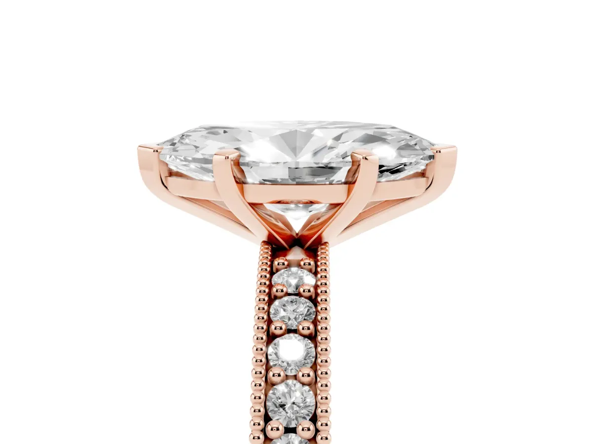 Marquise Cut Diamond Milgrain Pavé Engagement Ring with Four-Prong Setting Rose gold