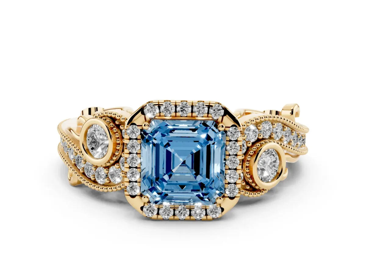 Fancy Blue Asscher Cut Diamond Halo Ring with Milgrain Pavé Band and Four-Prong Setting Yellow gold