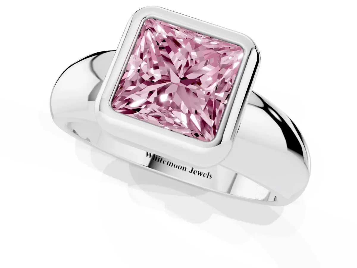Fancy Pink Bezel Set Princess Cut Solitaire Ring with Wide Band Platinum