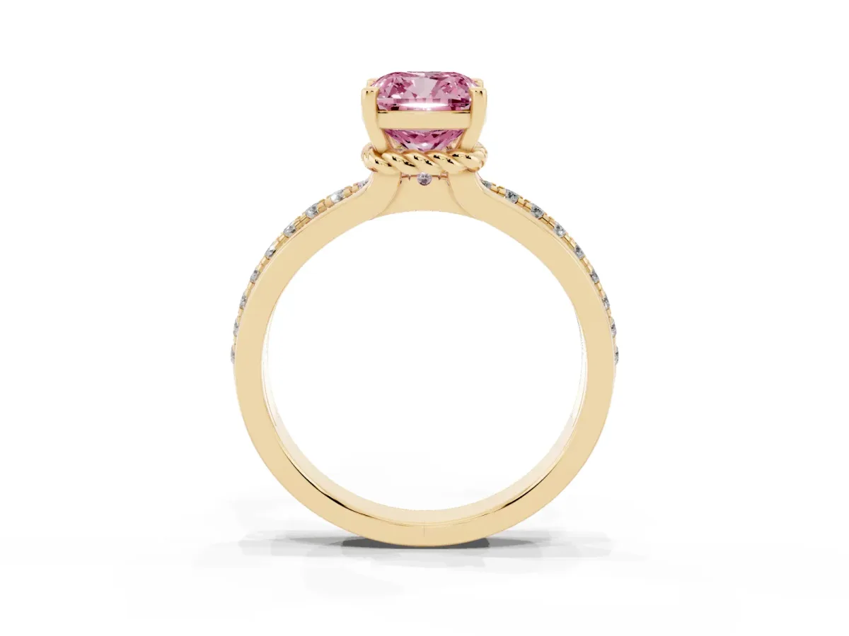 Fancy Pink Cushion Cut Solitaire Diamond Ring with Channel Set Band and Six-Prong Setting Yellow gold