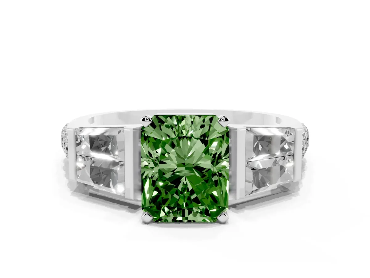 Fancy Green Radiant Cut Diamond Engagement Ring with Baguette Side Stones and Channel Set Band Silver