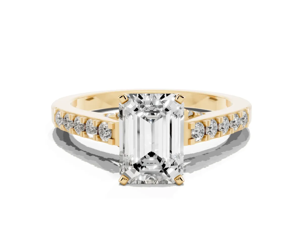 Emerald Cut Diamond Solitaire Ring with Crossover Gallery and Round Pavé Band Yellow gold