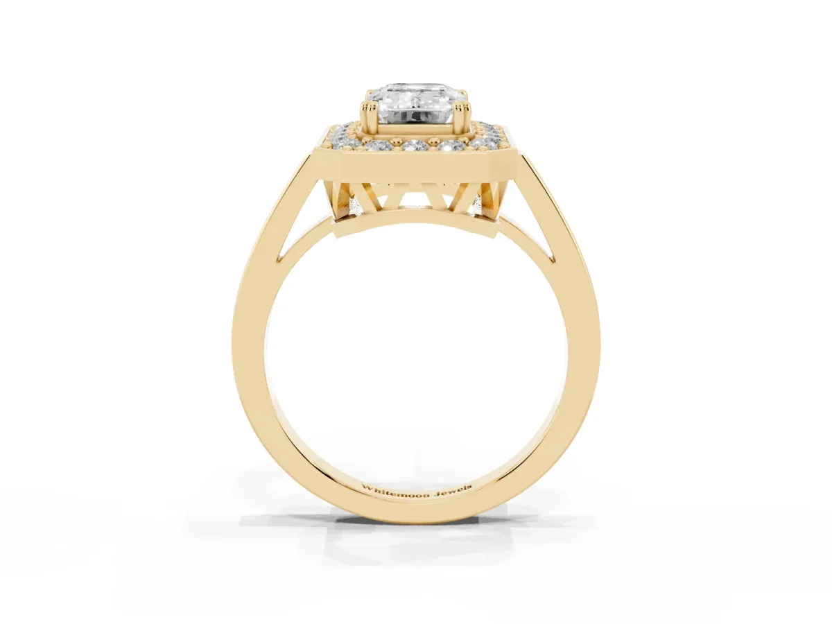 Emerald Cut Diamond Halo Ring with Split Shank and Four-Prong Setting Yellow gold